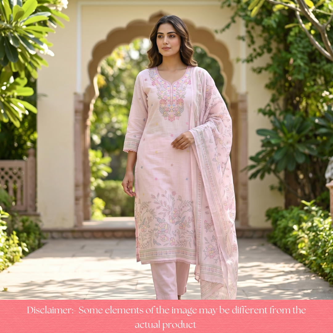 Bloom Powder Pink Kashida Embroidered Cotton Linen Set