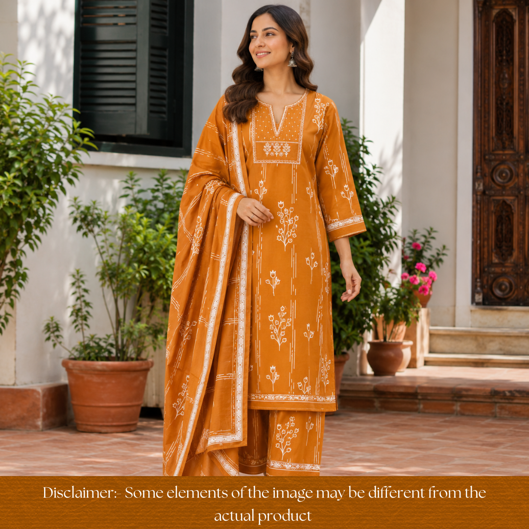 Yashvi Rust Orange Embroidered Yoke Printed Cotton Set