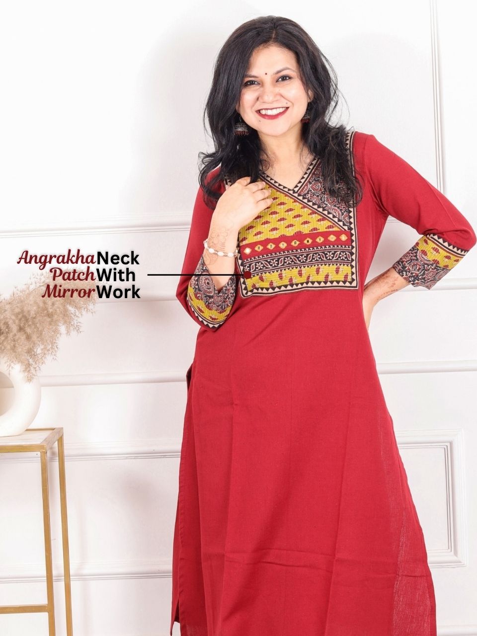 Shaayraana Maroon Red Kutch Fusion Work Angrakha Cotton Flex Kurti-D1