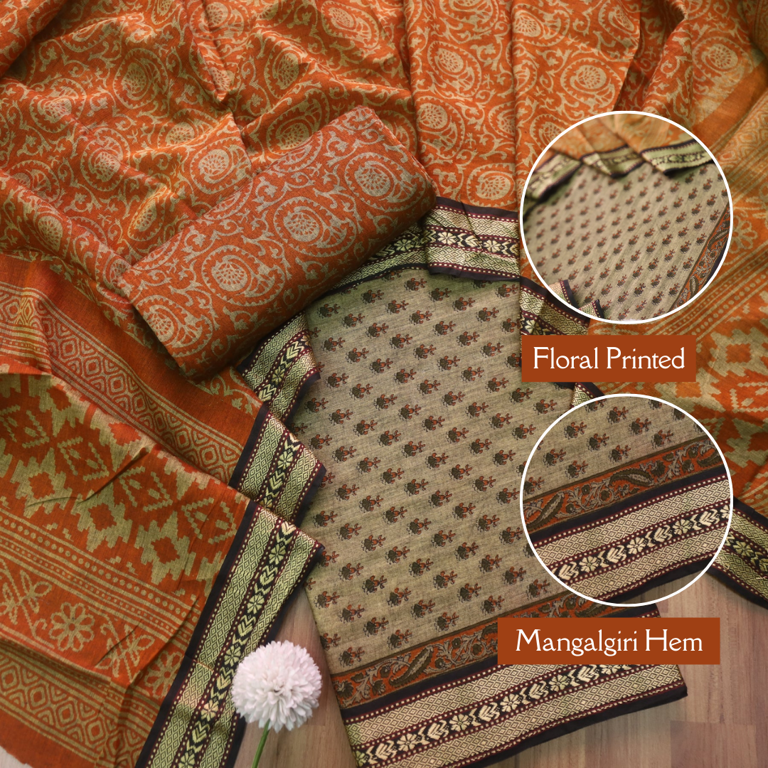 इश्क Beige with Dark Tangerine Digital Printed Mangalgiri Hem Work Cotton Suit Set
