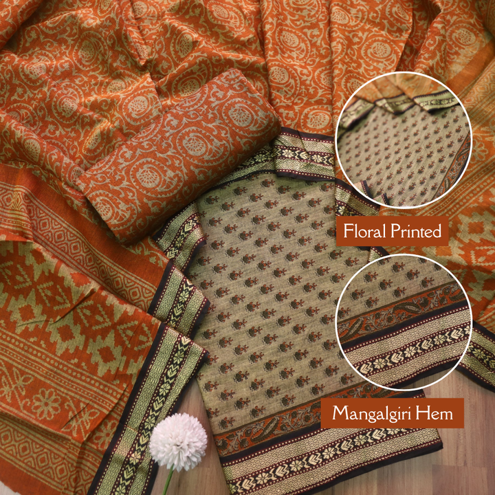 इश्क Beige with Dark Tangerine Digital Printed Mangalgiri Hem Work Cotton Suit Set