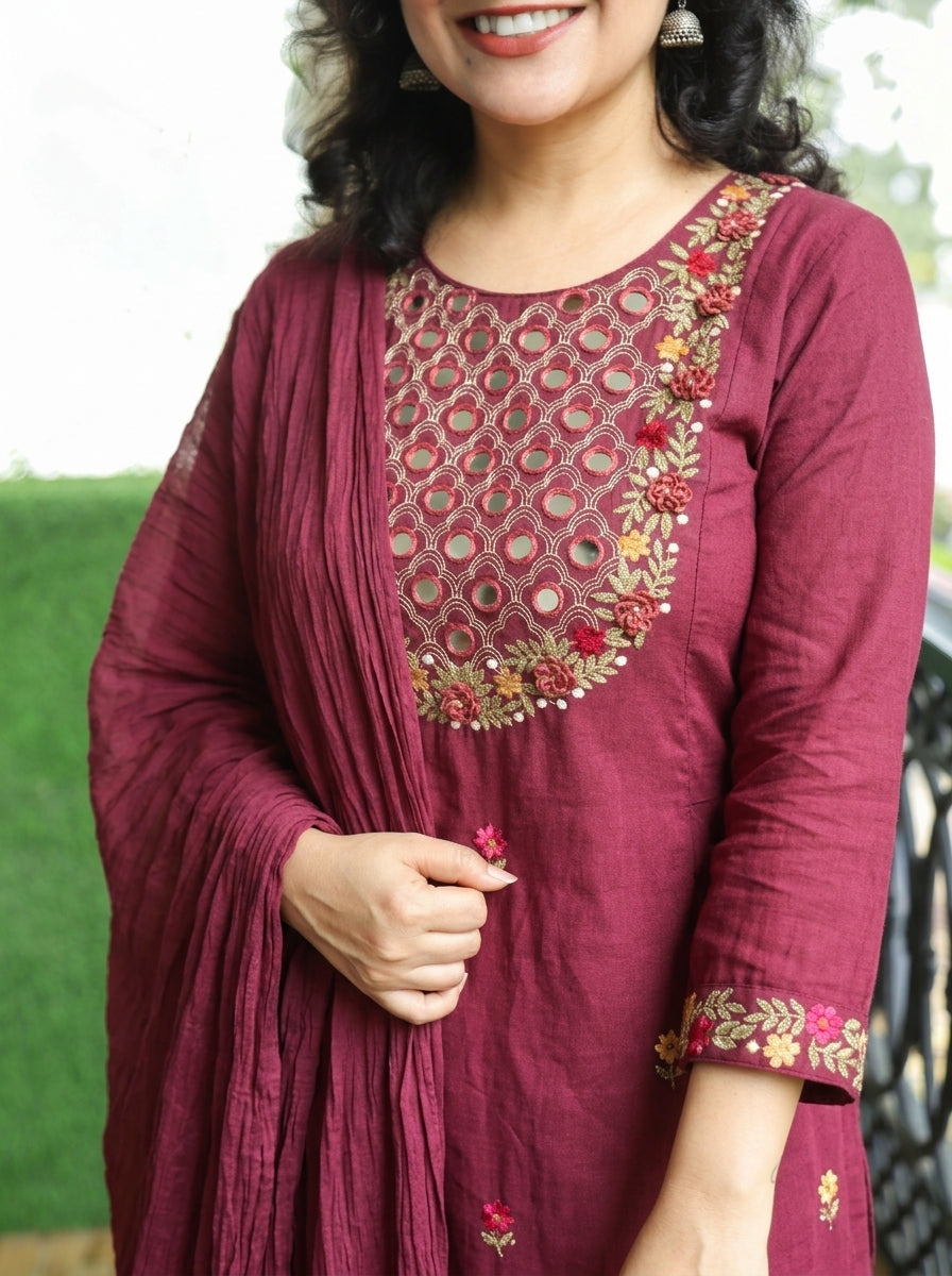Kaveri Mahogany Wine Mirror Work Yoke Cotton 3 Piece Set