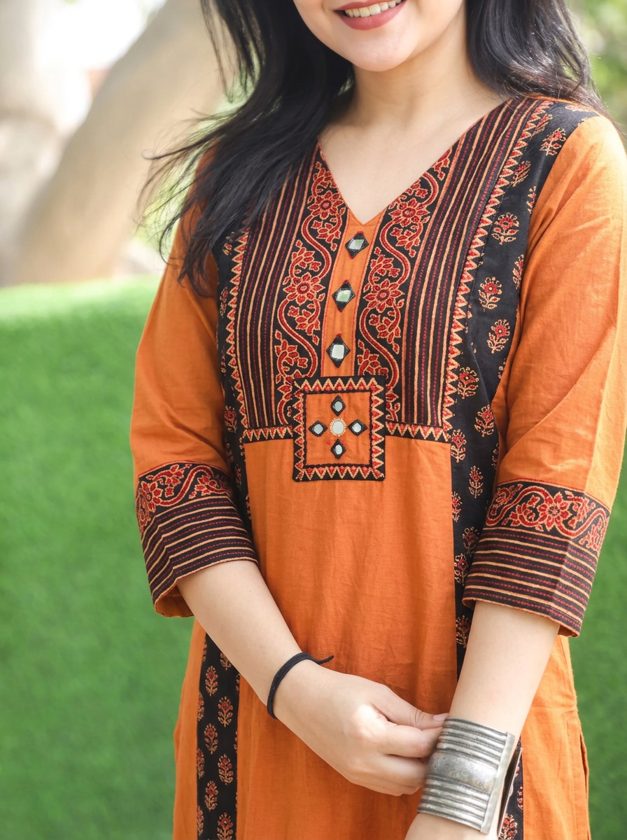 Drishti Burnt Rust Triple Panel Ajrak Yoke with Mirror Cotton Kurti