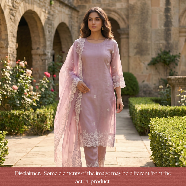 Ragini Mulberry Mauve Cross-Stitch Hem Work Glass Organza Set