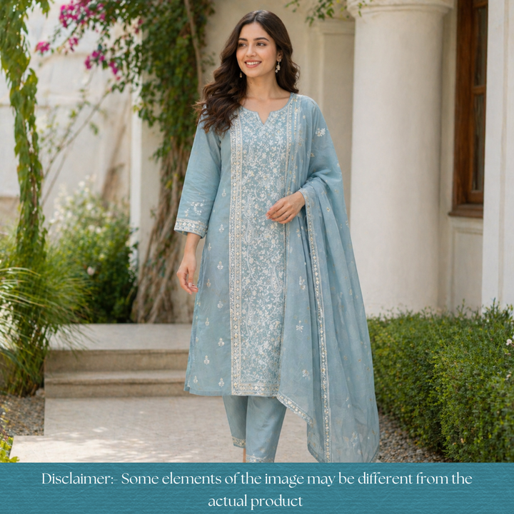 Vamika Fossil Grey Chikankari Panel Mul Chanderi Set