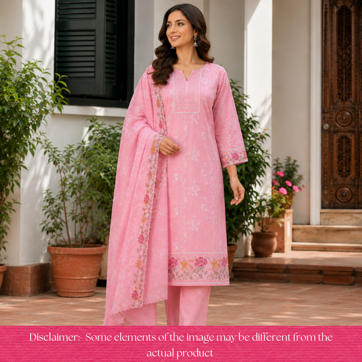 Jiya Petal Pink All Over Embroidered Work Cotton Set