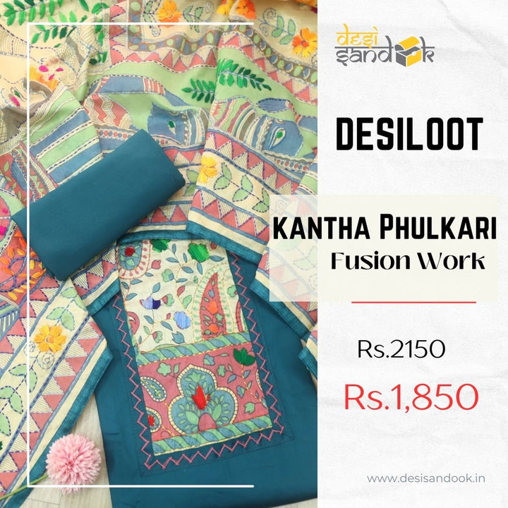 Kanya Teal Blue Kantha Phulkari Fusion Work Glazed Cotton Suit Set