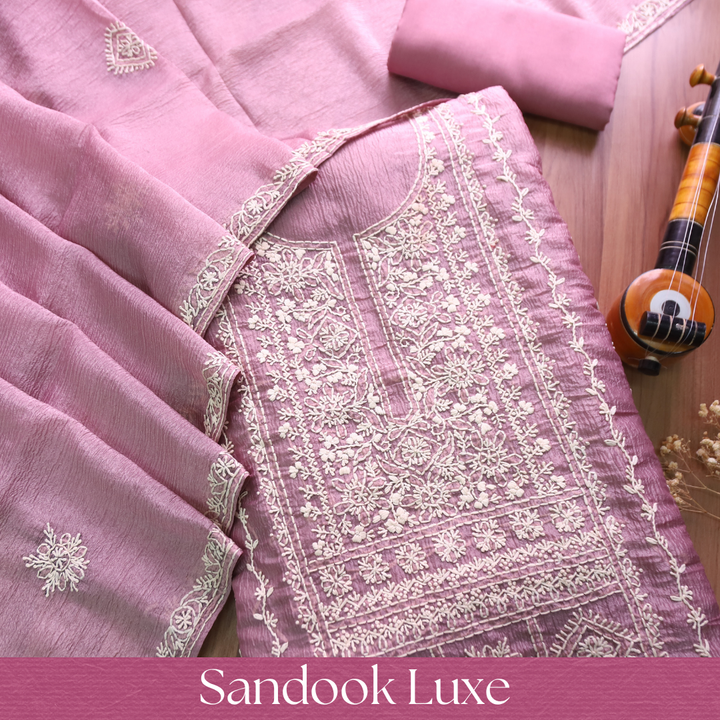 Avinya Helio Mauve Hand Embroidered Glass Crinkle Organza Set