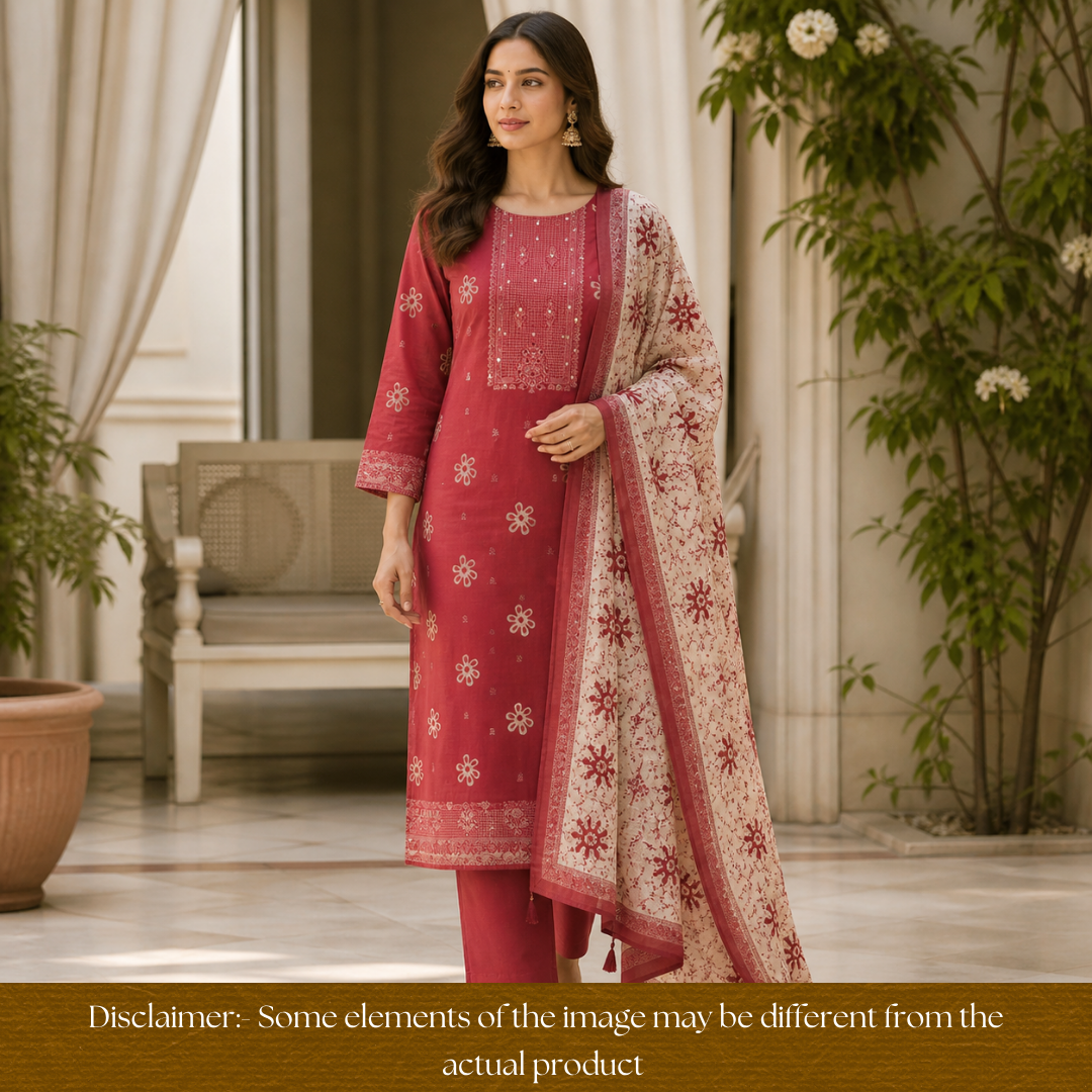 Saajan Burgundy Wine French Knot Batik Printed Cotton Set