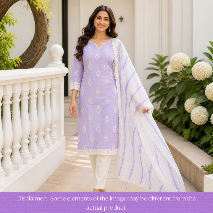 Jiya Helio Lilac French Knot Detailing Cotton Set