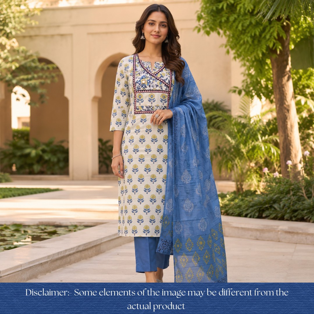 Shakuntala Ivory Beige Angrakha Neck Kutch Work Cotton Set D3