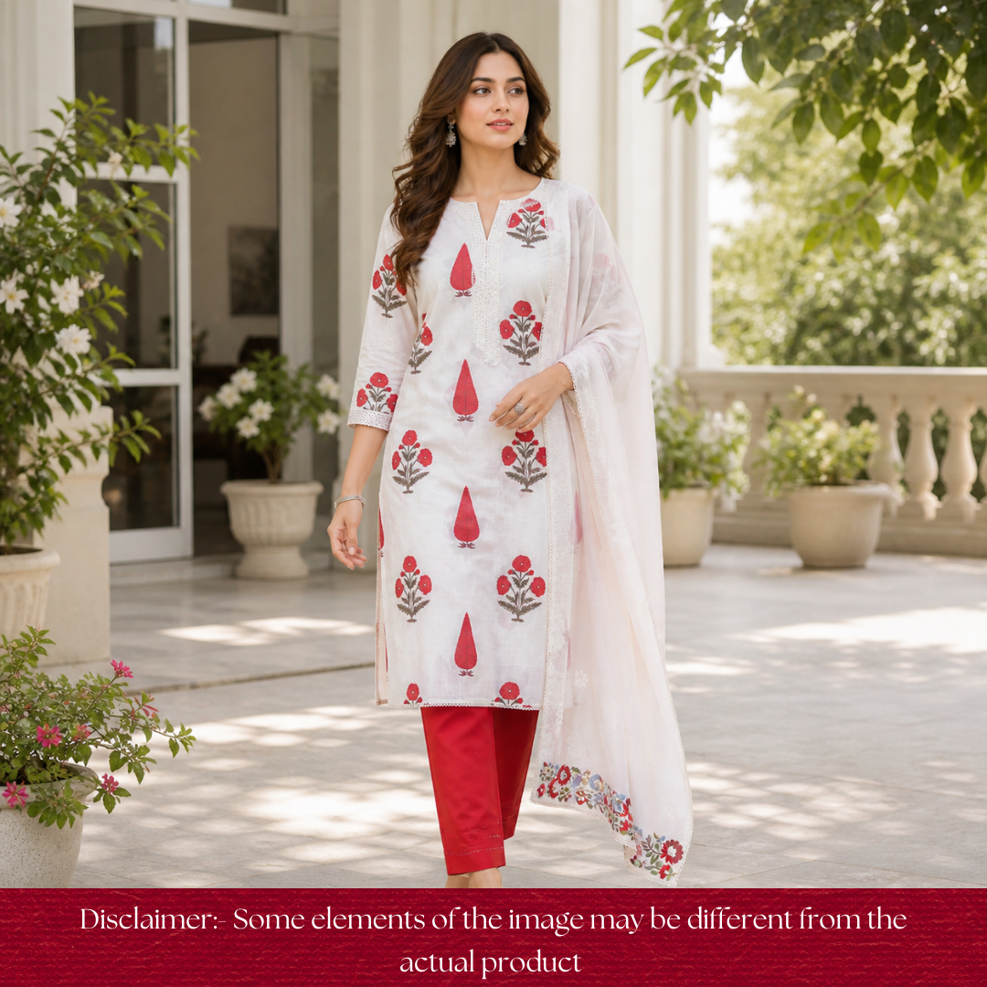 Kalyani Beige with Red Block Printed Mul Chanderi Set