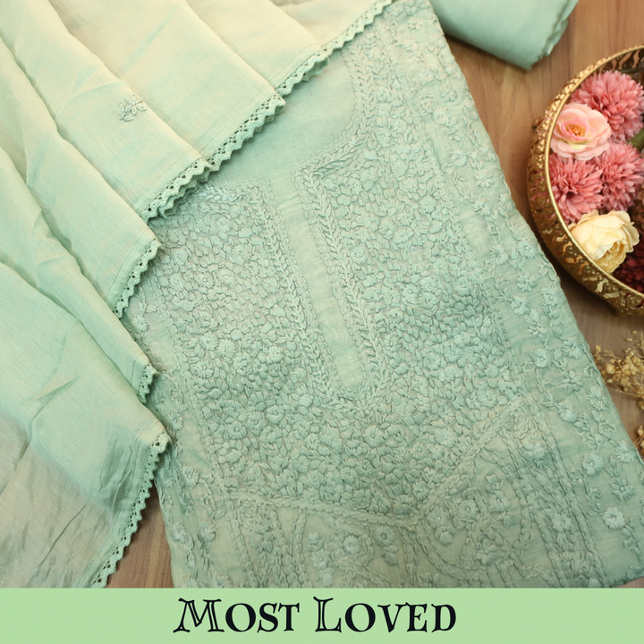 Premika Fern Mint All Over Hand Embroidered Mul Chanderi Set