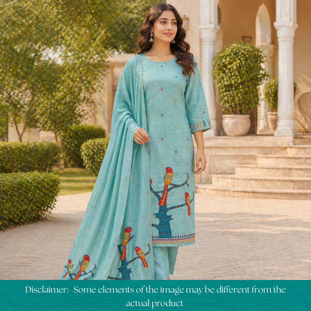Ambarsari Blue French Knot Bird Embroidered Work Linen Set