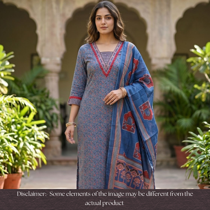 Sourya Denim Blue Lace Work in Ajrakh Print Cotton Set
