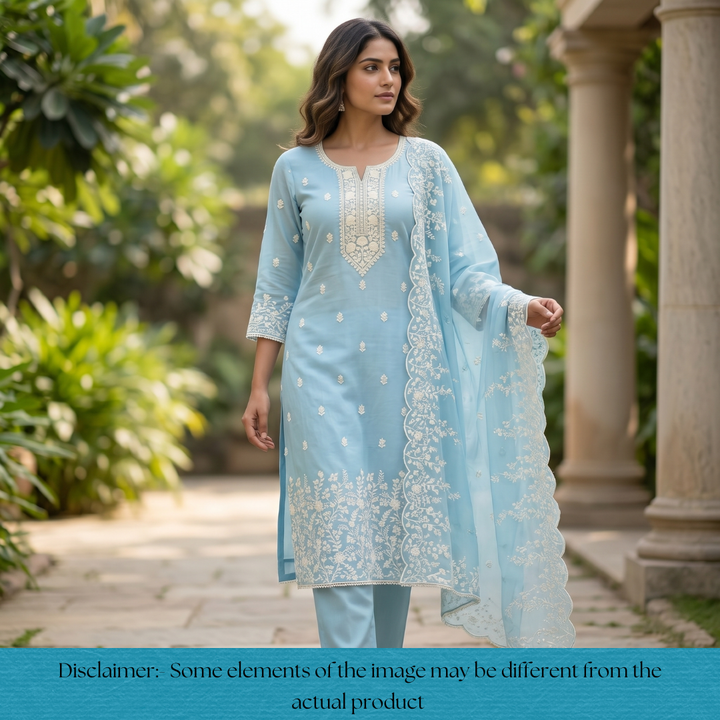 Rushali Powder Blue Embroidered Neck and Hem Mul Cotton Set