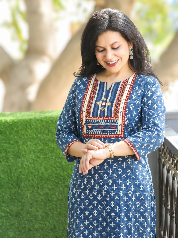 Shardha Indie Blue Kutch Mirror Dabu Cotton Kurti