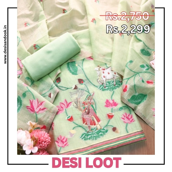 Khayal Minty Green Pichwai Authentic Jamdani Weaved Hemline Chanderi Suit Set