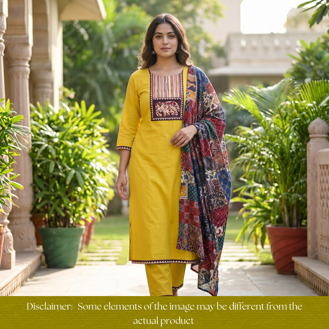 Jiya Sunflower Yellow with Kalamkari Applique Patch Cotton Set