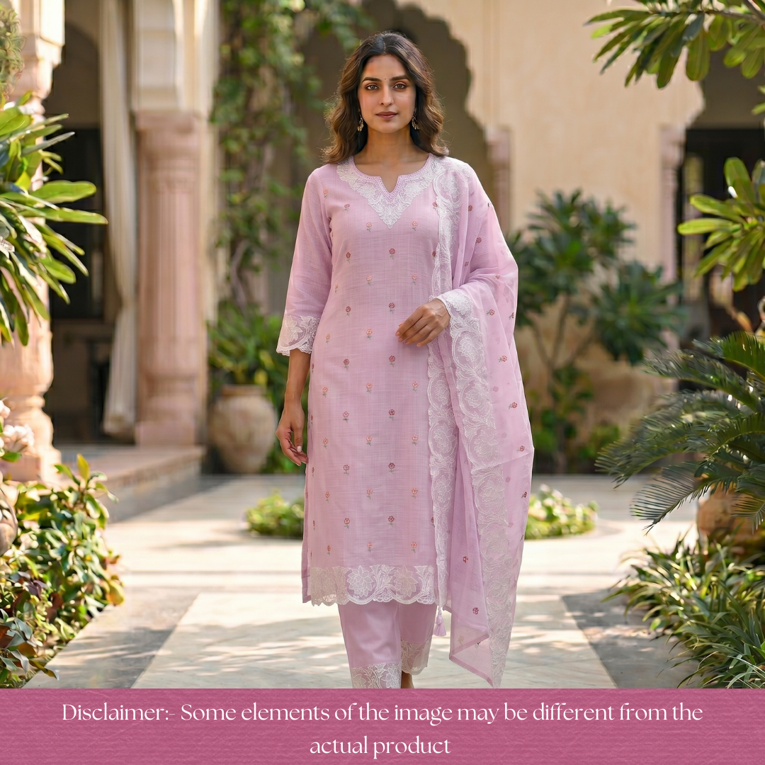 Yaleen Pastel Lilac Thread Buti with Floral Patch Kota Doriya Set