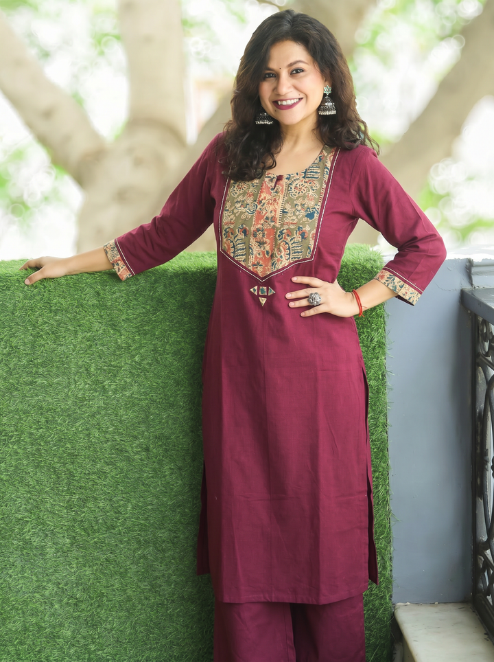 Kanak Wine Purple Kalamkari Printed Yoke Cotton Kurti