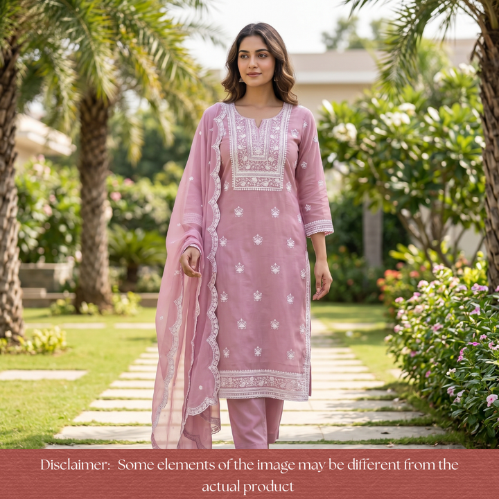 Rushali Blush Pink Embroidered Neck and Hem Mul Cotton Set