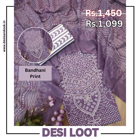 Riwa Berry Purple French Knot in Zari Detailing Bandhani Printed Cotton Suit Set