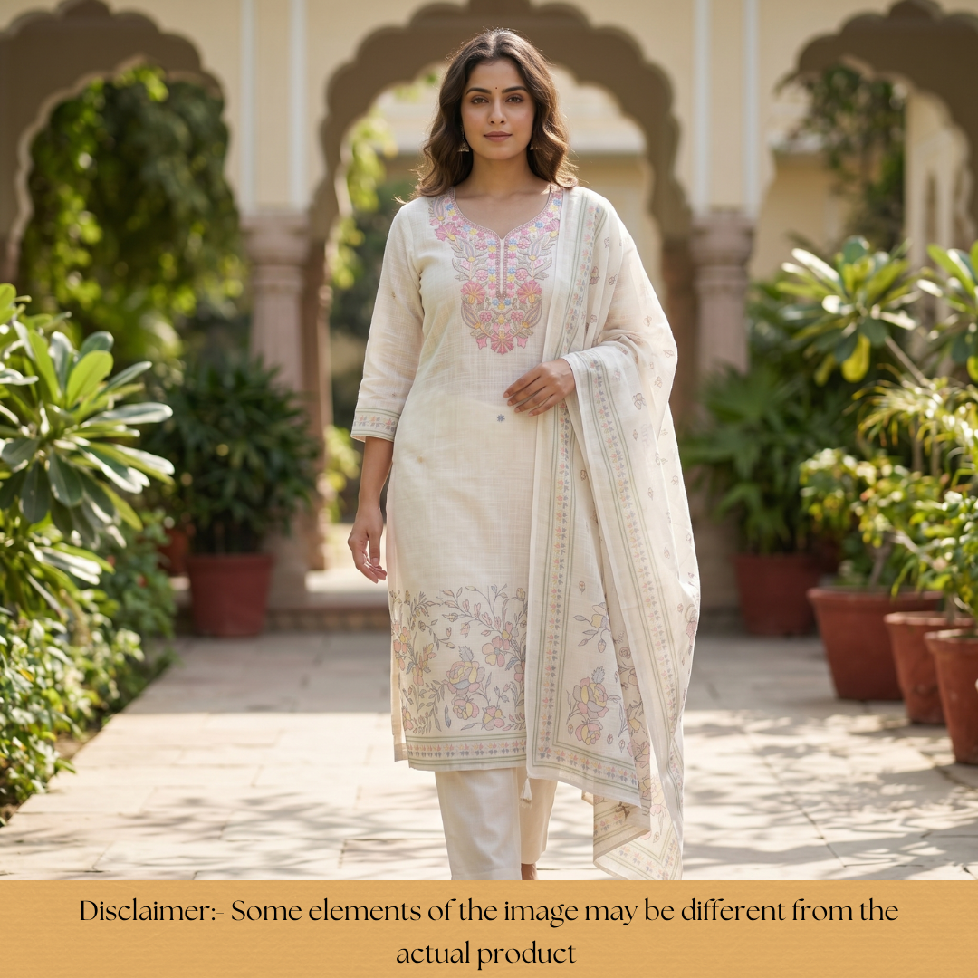 Bloom Buttermilk Beige Kashida Embroidered Cotton Linen Set