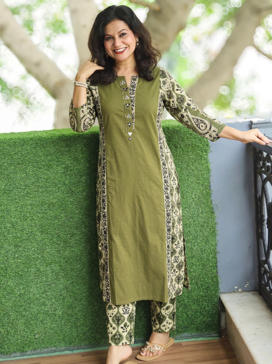 Devika Green Mirror Work Kalamkari Panel Cotton 2 Piece Set