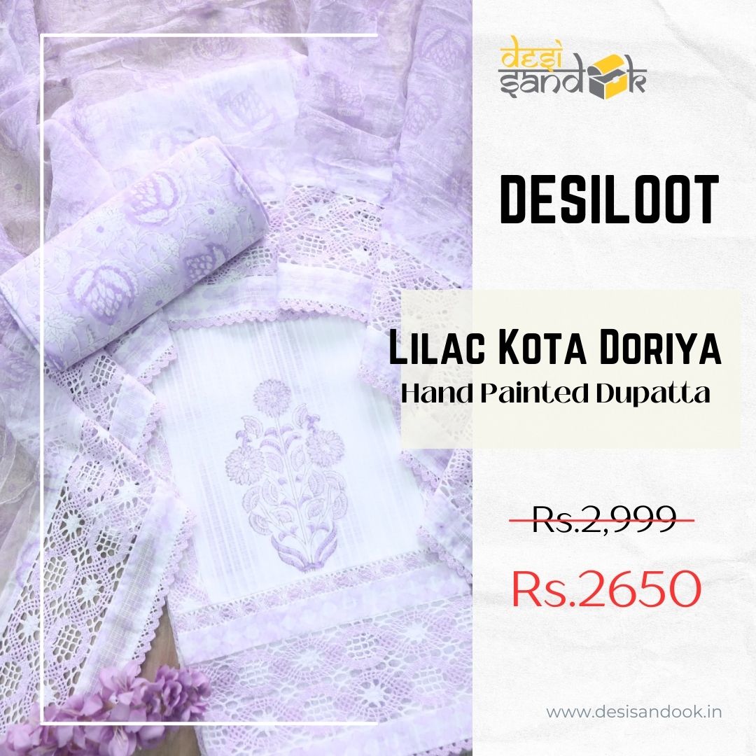 Sahiba Lovely Lilac Kota Doriya Top with Chiffon Hand Painted Dupatta Set
