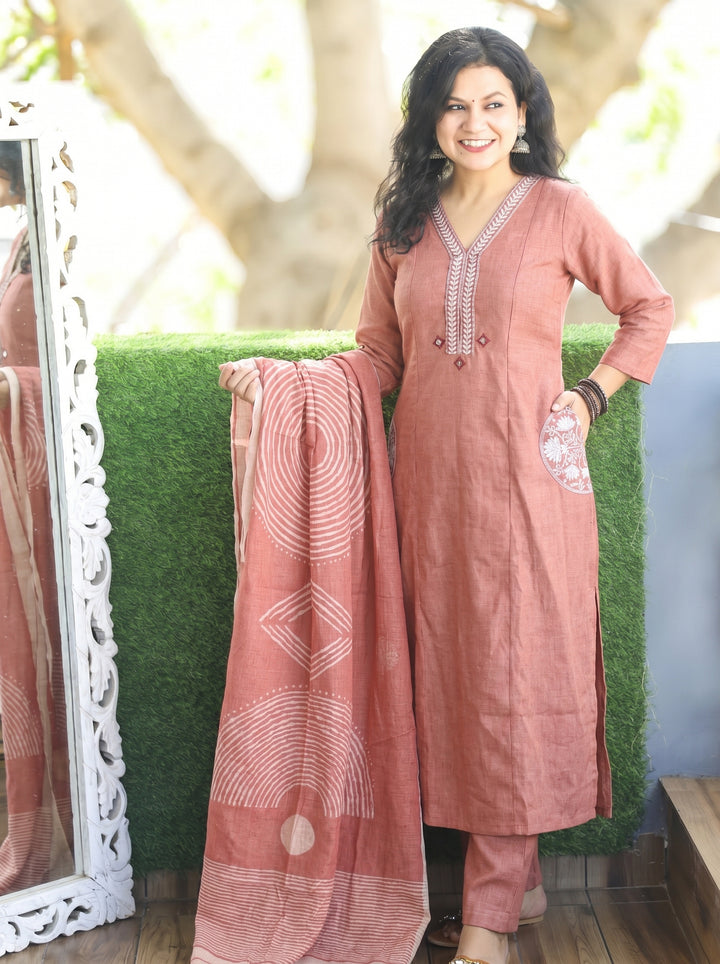 Shobha Coral Peach MIrror Jute Cotton 3 Piece Set