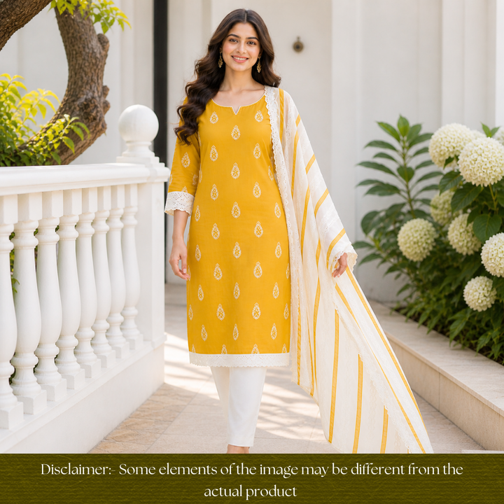 Jiya Sunflower Yellow French Knot Detailing Cotton Set