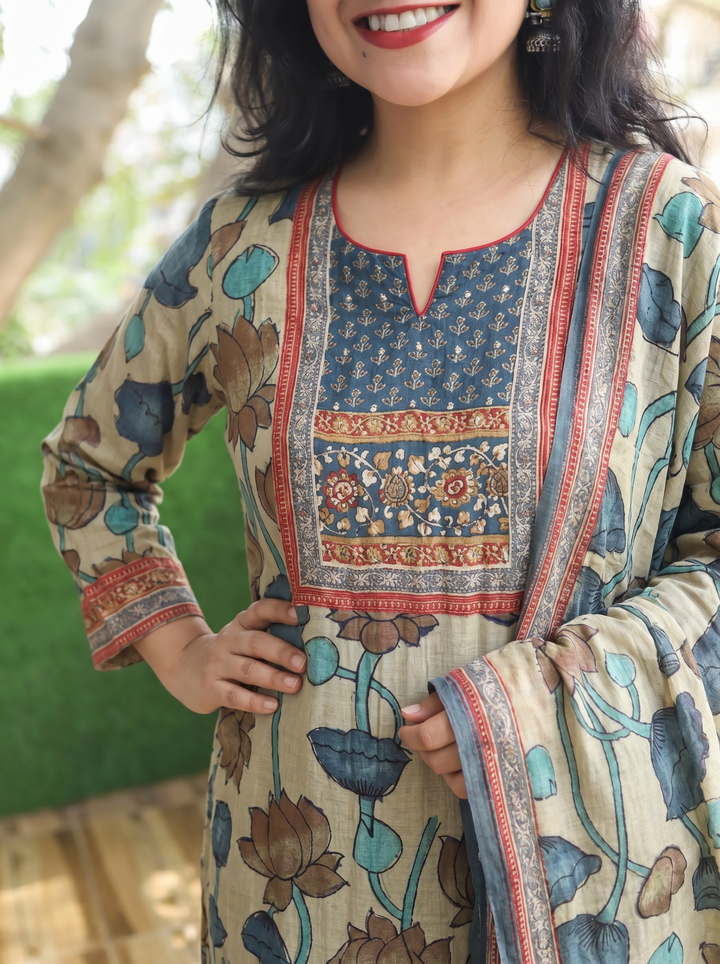 Rushali Beige Spiral Zari Work Printed Muslin 3 Piece Set