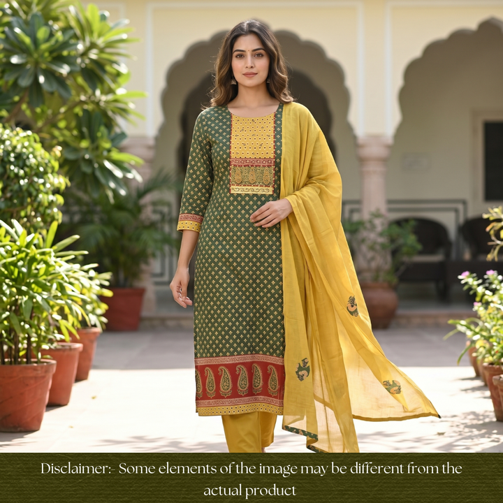 Heeriye Green Patra Work with Ajrak Printed Cotton Set