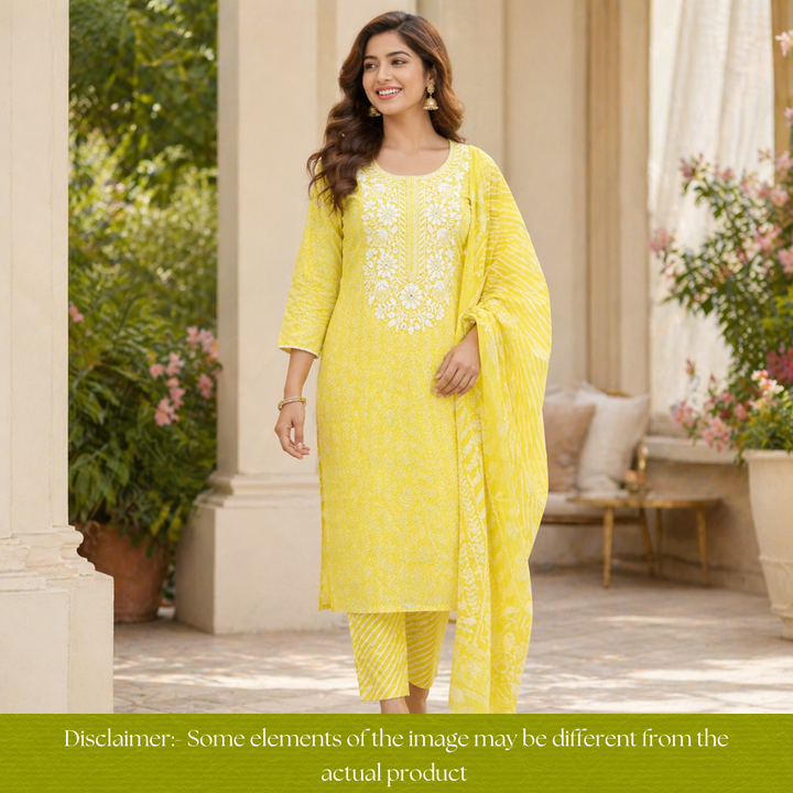 Stella Butter Yellow Chikankari Inspired Neck Printed Cotton Set