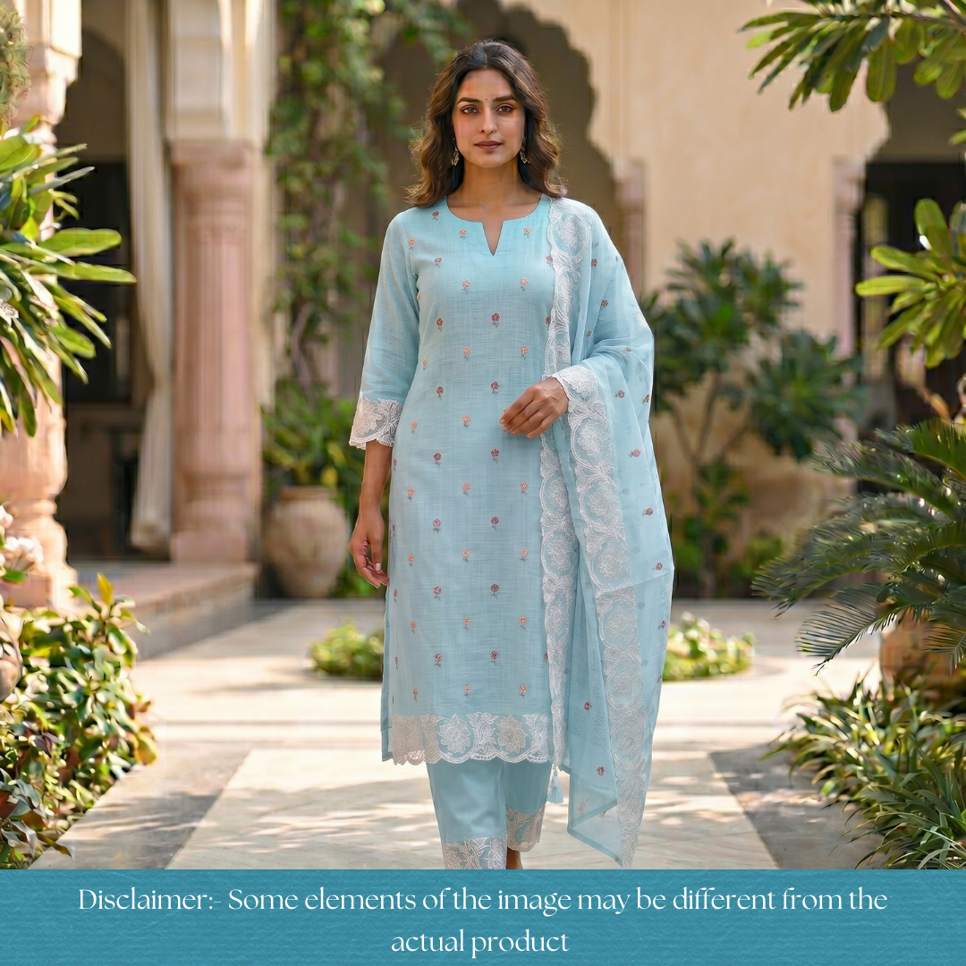Yaleen Ocean Aqua Thread Buti with Floral Patch Kota Doriya Set