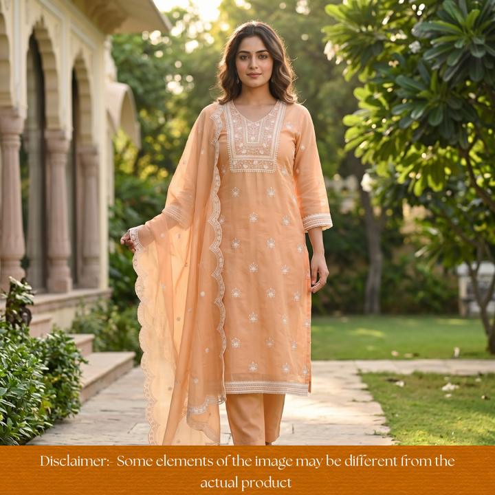 Rushali Light Peach Embroidered Neck and Hem Mul Cotton Set