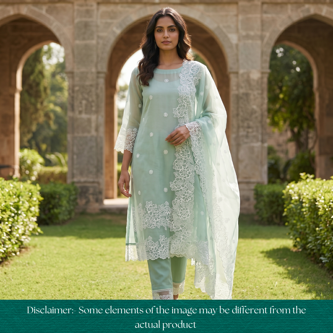 Ragini Castleton Mint Cross-Stitch Hem Work Glass Organza Set