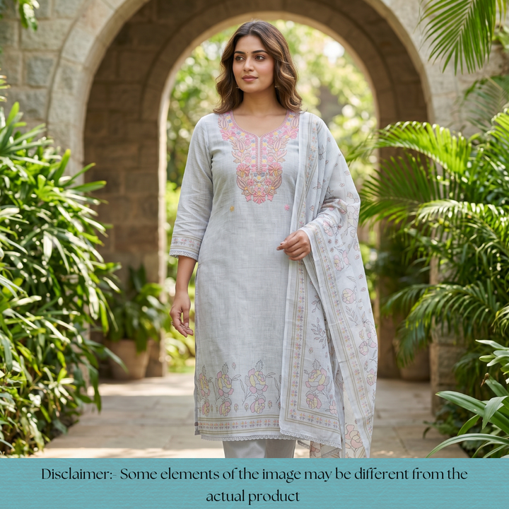 Bloom Powder Blue Kashida Embroidered Cotton Linen Set