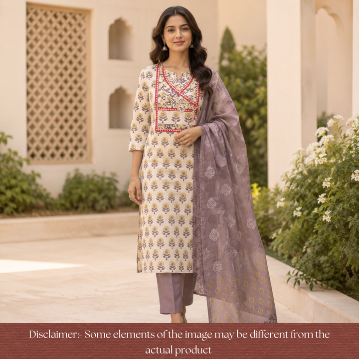 Shakuntala Hazel Tan Angrakha Neck Kutch Work Cotton Set D3