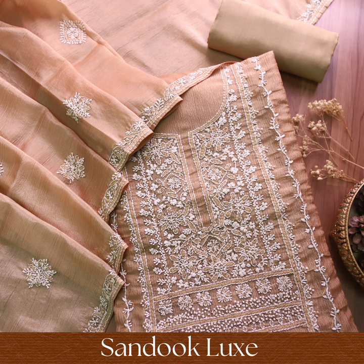 Avinya Peanut Brown Hand Embroidered Glass Crinkle Organza Set