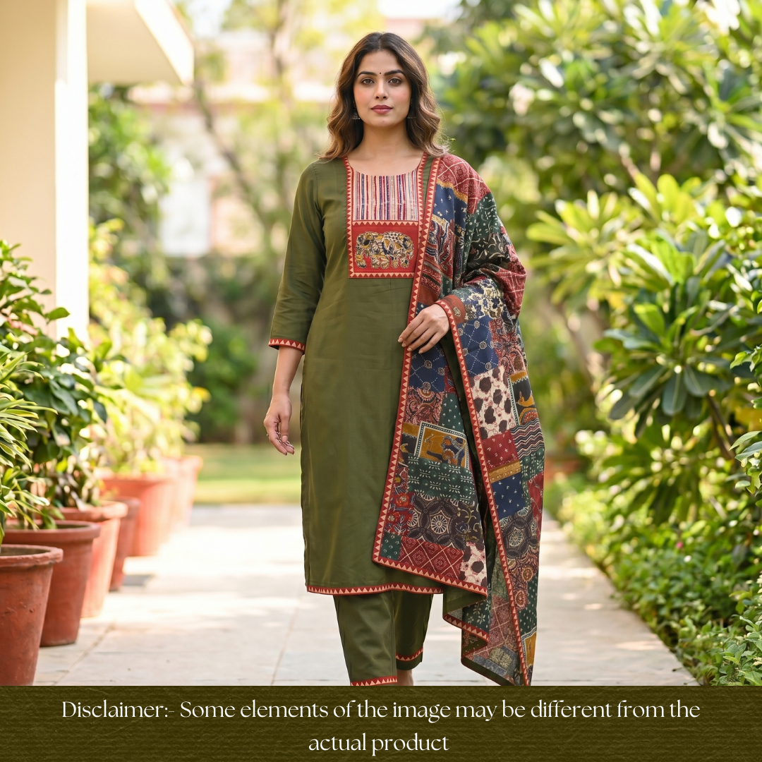 Jiya Forest Green with Kalamkari Applique Patch Cotton Set
