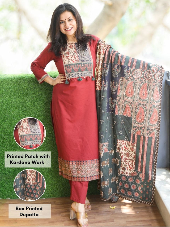 Aafeemi Barn Red Patch Neckline with Kardana Work Cotton 3 Piece Set
