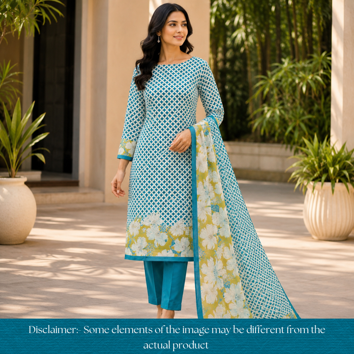 Amara Beige with Teal Floral Zari Work Digital Printed Jam Cotton Set