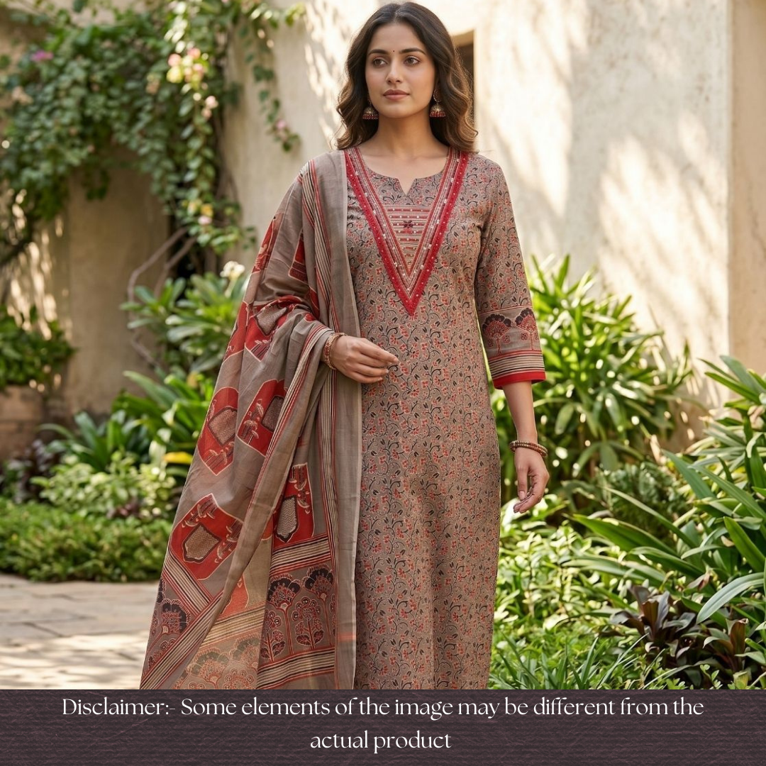 Sourya Hazel Beige Lace Work in Ajrakh Print Cotton Set