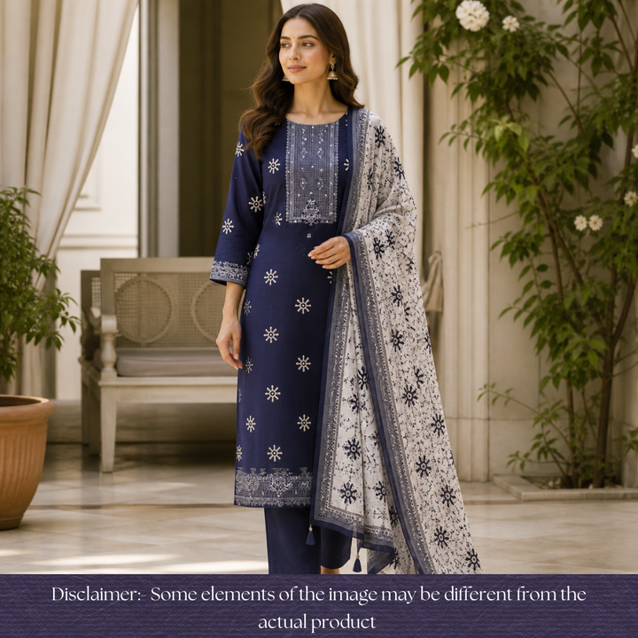 Saajan Navy Blue French Knot Batik Printed Cotton Set