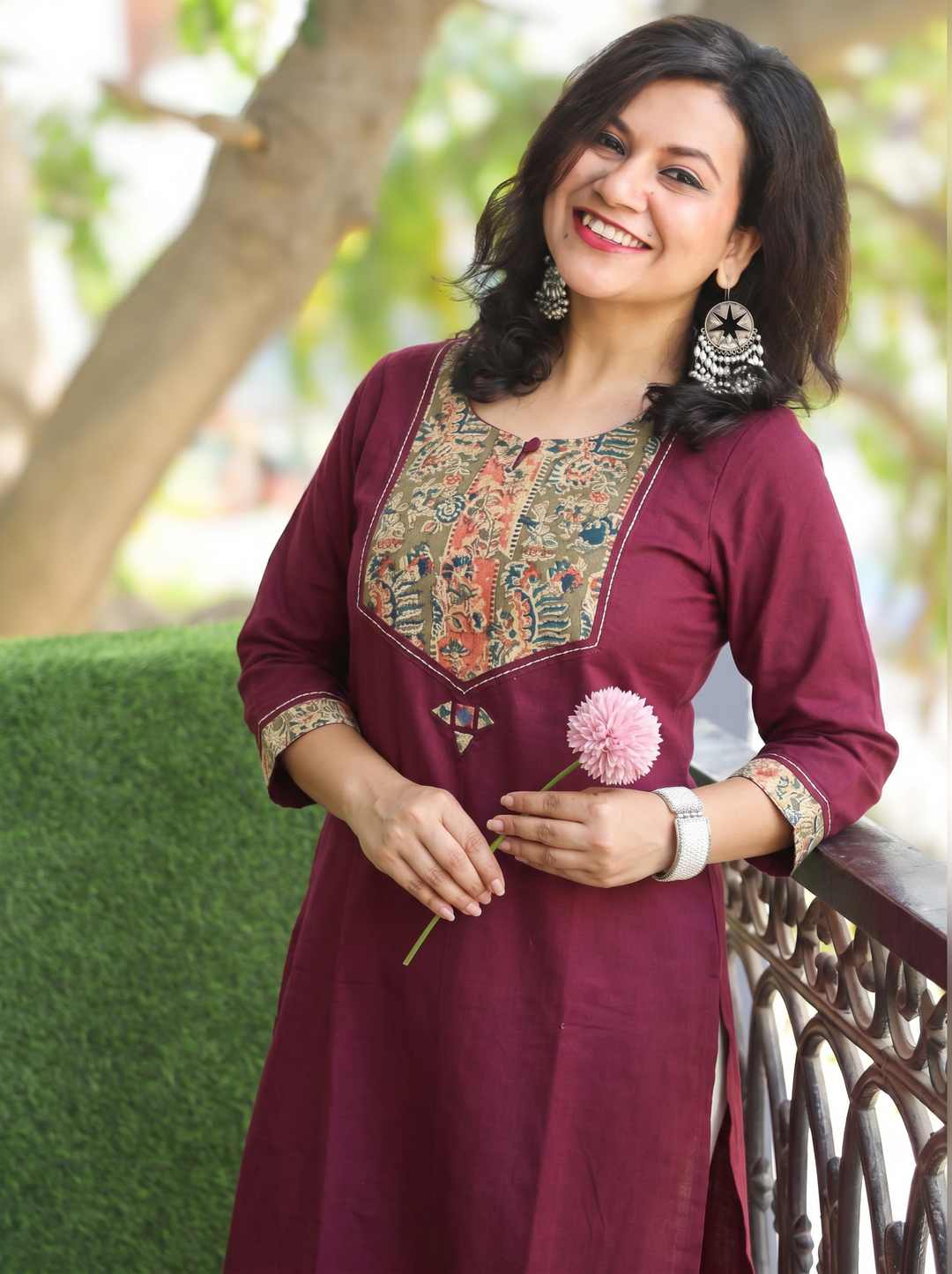 Kanak Wine Purple Kalamkari Printed Yoke Cotton Kurti