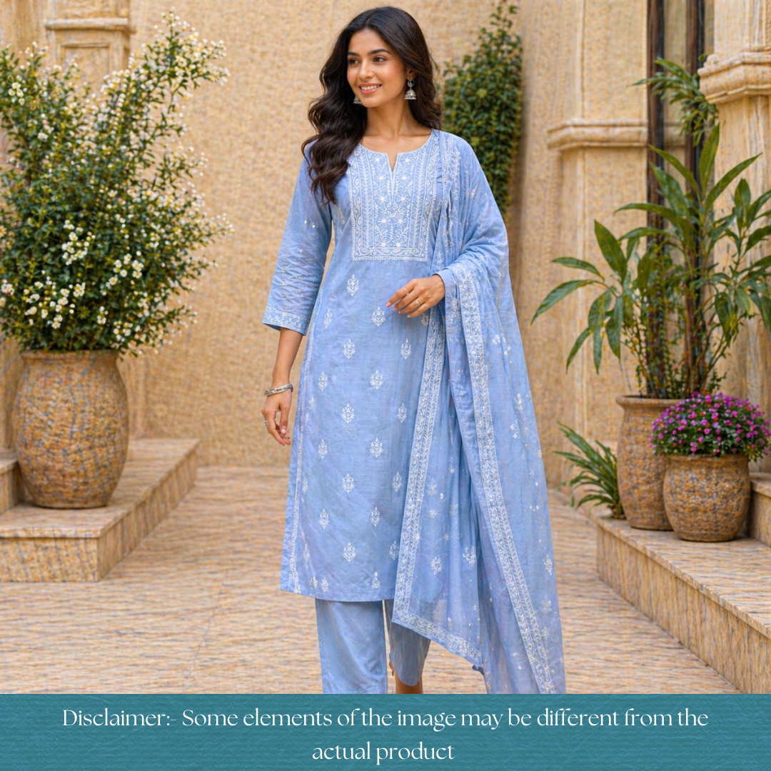 Vamika Bluish Grey Chikankari Panel Mul Chanderi Set
