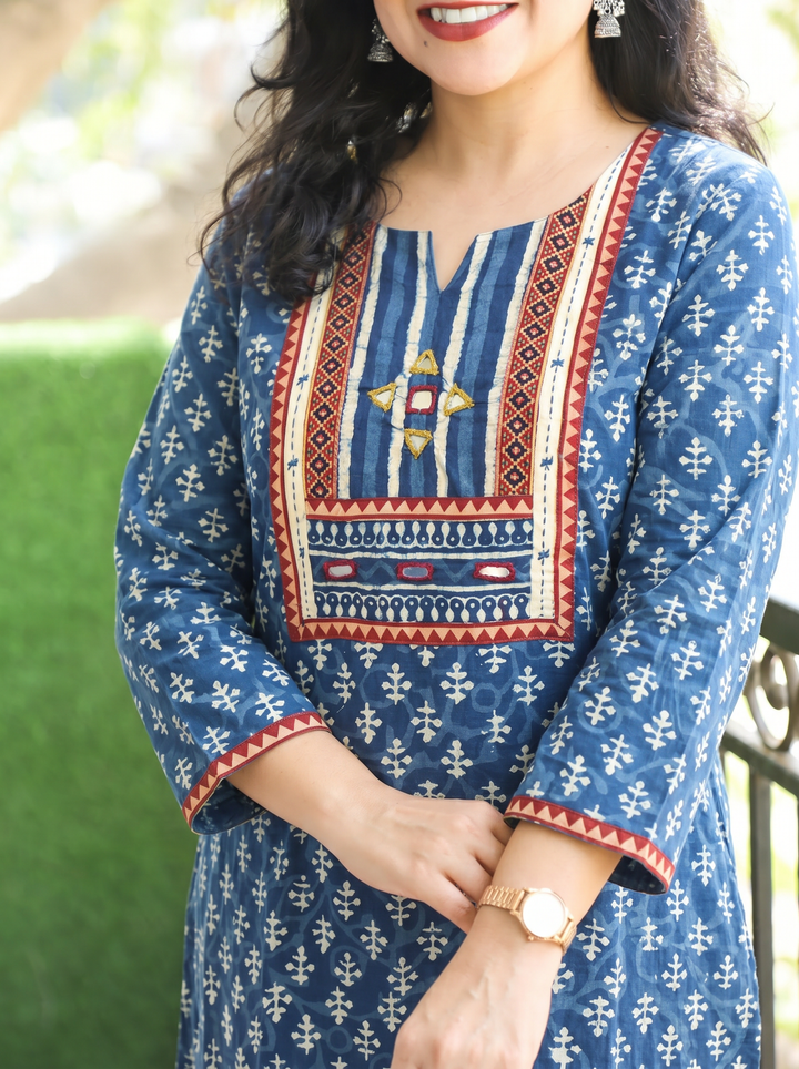 Shardha Indie Blue Kutch Mirror Dabu Cotton Kurti