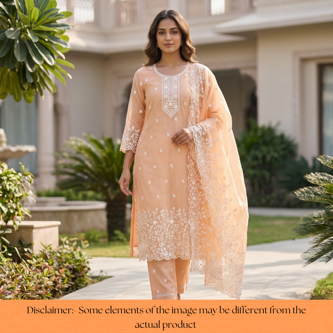 Rushali Pumpkin Peach Embroidered Neck and Hem Mul Cotton Set